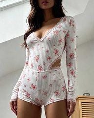 Floral Ribbed Lace-Trim Long-Sleeve Lingerie Romper