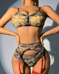 Camouflage Mesh Cutout Lingerie Set with Red Thigh Straps