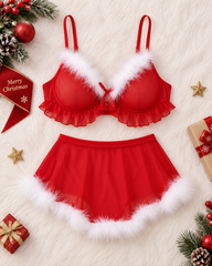Christmas Faux Fur Trim Bra & Mini Skirt Lingerie Set