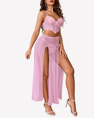 Sheer Mesh Bustier Top & High Slit Maxi Skirt Lingerie Set