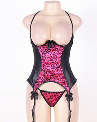 Sexy Cutout Bust Halter Neck Colorblock Leather Lingerie Set