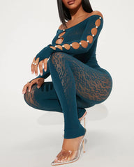 Sexy Leopard Print Jacquard Pearl-embellished Cutout Long-sleeved Jumpsuit