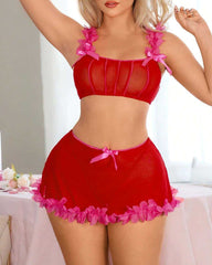 Valentine's Day Colorblock Veil Mesh Lingerie Set