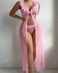 Sexy Low-Cut Floral See-Through Mesh Suspender Maxi Dress Set