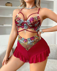 Sexy Semi Transparent Mesh Colorful Floral Embroidery Bodysuit