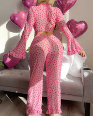 Valentine's Day Heart Print V-Neck Flared Long-Sleeved Top and Pants Pajama Set