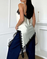 Sexy V-neck Ice Silk Lace Patchwork Asymmetrical Casual Suspender Mini Dress