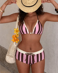 Beach Colorblock Striped Print Bikini Set