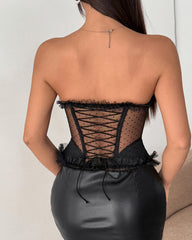 Polka Dot Lace Fishbone Underwire Lace-up See-through Sexy Strapless Top