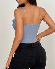 Sexy Sheer Mesh Lace Patchwork Boning Spaghetti Straps Corset Top