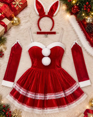 Christmas Santa Velvet Lace Trim Mini Dress with Bunny Ear Headband