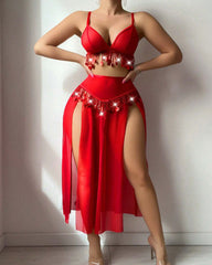 Tassel-decorated Deep V-neck Bra and High-slit Long Skirt Lingerie Set