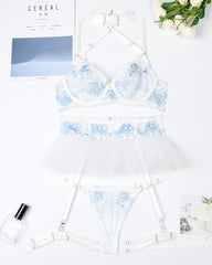 Floral Embroidery Mesh Patchwork Halter Neck Sexy Lingerie Set