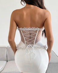 Polka Dot Lace Fishbone Underwire Lace-up See-through Sexy Strapless Top