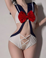 Sexy Roleplay Colorblock Bow Hollow Bodysuit Lingerie with Stockings Set