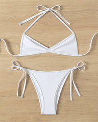 Sexy Solid Color Halter Neck Mini Pleated Beach Bikini