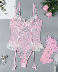 Sexy Floral Lace See-Through Bodysuit With Stockings Set