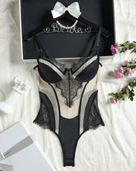 Sexy Mesh See-Through Lace Patchwork Colorblock Bodysuit