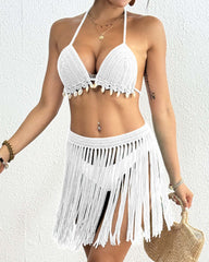 Hand-crocheted Shell-decorated Tassel Skirt and Bikini Top Two-piece Set