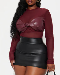 Sexy PU Leather Mesh Long-Sleeved Slim Fit Bodysuit