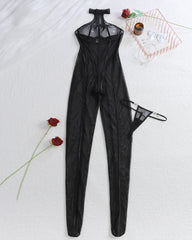 Vertical Striped See-Through Tulle Slim-Fitting Sexy Halterneck Jumpsuit