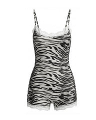Retro Animal Print Lace Trim Stretch Sleeveless Seamless Bodysuit