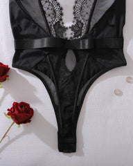 Deep V Halter Neck See-through Lace Sexy Bodysuit Lingerie