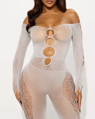 Sexy Leopard Print Jacquard Pearl-embellished Cutout Long-sleeved Jumpsuit