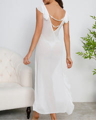 Sexy See-through Mesh Backless Pearl-embellished Ruffled Side-slit Long Nightgown