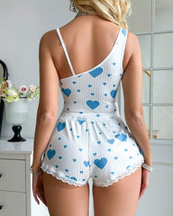 Sexy Heart-print One-shoulder Tank Top and Shorts Loungewear Set