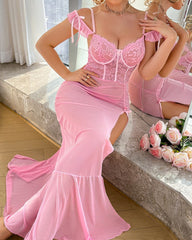Sexy Off-the-shoulder Lace-trimmed High-slit See-through Mesh Long Lingerie Nightgown