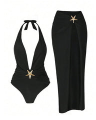 Sexy Deep V Halter Neck Swimsuit and High Slit Skirt Set