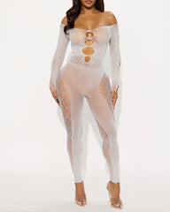 Sexy Leopard Print Jacquard Pearl-embellished Cutout Long-sleeved Jumpsuit