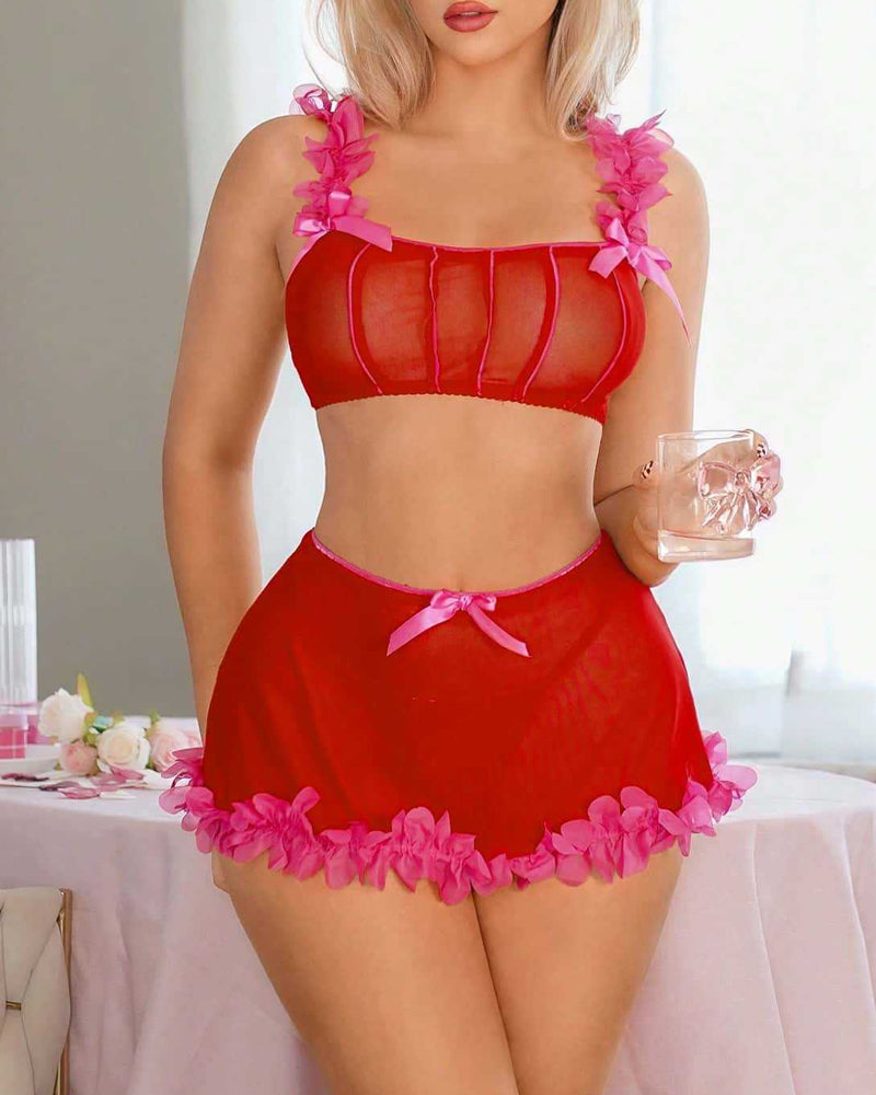 Valentine's Day Colorblock Veil Mesh Lingerie Set