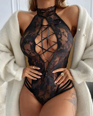Crochet Lace Sheer Mesh Lace-up Teddy