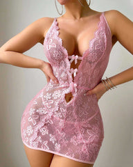 Pink Deep V Floral Lace Backless Camisole Lingerie Nightgown