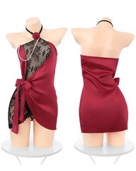 Sexy Halter Neck Lace See-through Mesh Patchwork Lingerie Nightgown Set