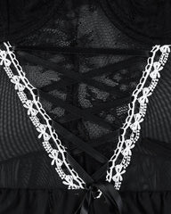 Sexy Lace Mesh See-Through Straps Cross Bow Mesh Ruffled Nightdress