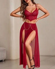 Sheer Mesh Bustier Top & High Slit Maxi Skirt Lingerie Set