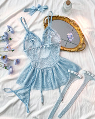 Sexy Deep V Lace Camisole Nightgown with Stockings Set