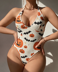 Halloween Pumpkin Bat Print Crisscross Back Bodysuit