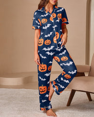 Halloween Pumpkin & Bat Print Short Sleeve Pajama Set