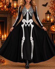 Halloween Cosplay Retro Print Long Sleeve Dress