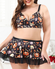 Plus Size Halloween Pumpkin Print Bra & Ruffle Skirt Lingerie Set