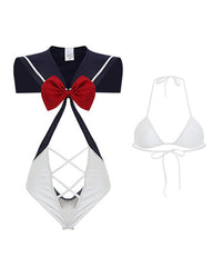 Sexy Roleplay Colorblock Bow Hollow Bodysuit Lingerie with Stockings Set