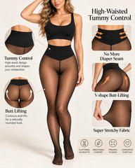 Fleece-Lined Sheer Look Tummy Control Thermal Leggings