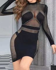Round Neck Long Sleeve Slim Fit Sexy Hollow-out Bodycon Dress