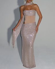 Sexy Sequined Ribbon Sleeveless Strapless Long Dress