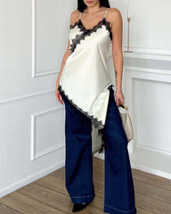 Sexy V-neck Ice Silk Lace Patchwork Asymmetrical Casual Suspender Mini Dress