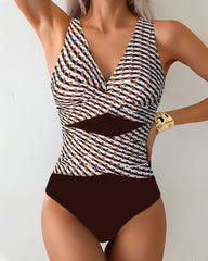 Beach Vacation Deep V Colorblock Cross-Strap One-Piece Swimsuit